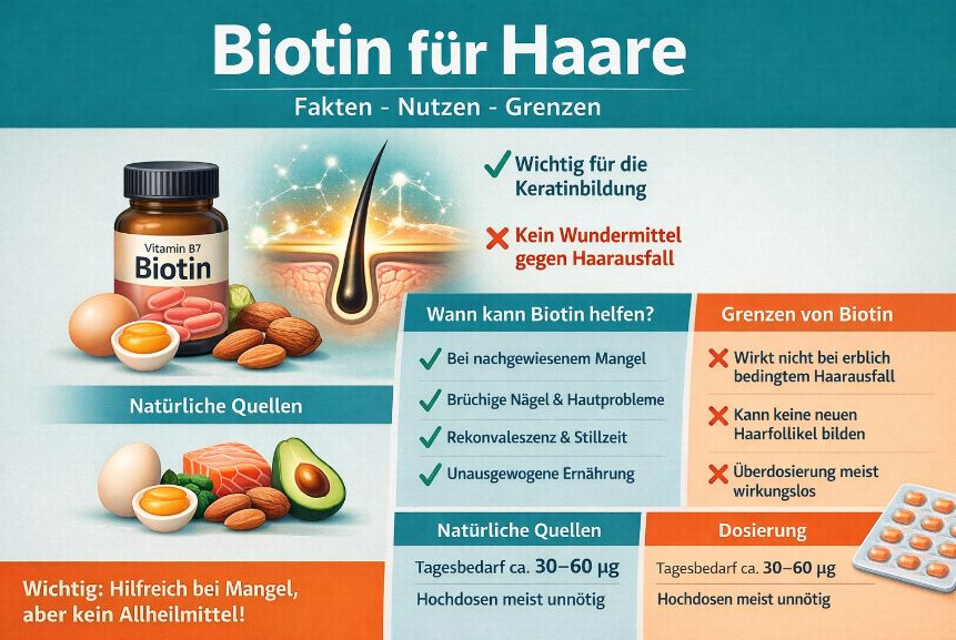Biotin für Haare Infografik mit Vorteilen, Grenzen, Dosierung und natürlichen Quellen wie Eiern, Nüssen, Lachs und Avocado zur Unterstützung der Haarstruktur bei Biotinmangel.