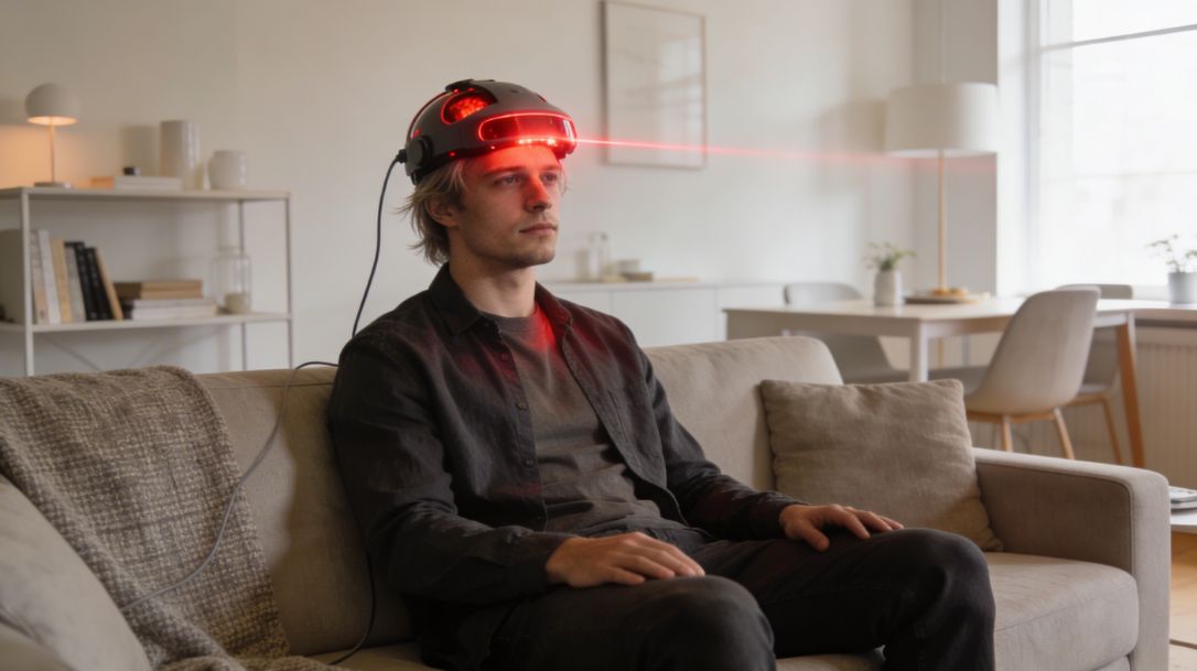 Junger Mann mit leichtem Haarausfall, der zu Hause einen roten Laserhelm für Low Level Light Therapy gegen Haarausfall trägt