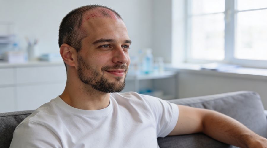 Mann Anfang 30 erholt sich nach einer Haartransplantation entspannt zu Hause auf dem Sofa, frisch transplantierte Haarlinie mit leichter Rötung der Kopfhaut