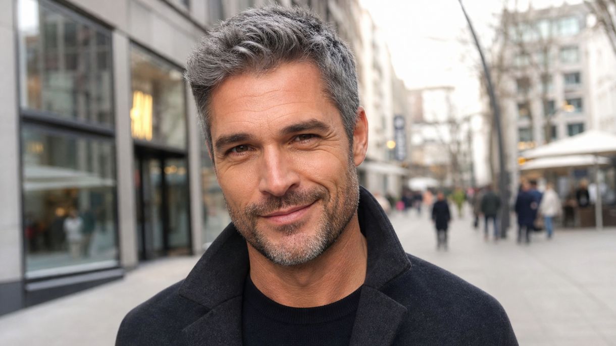 Gesunder Mann mit natürlich ergrauendem Haar als positives Beispiel für graue Haare in Deutschland